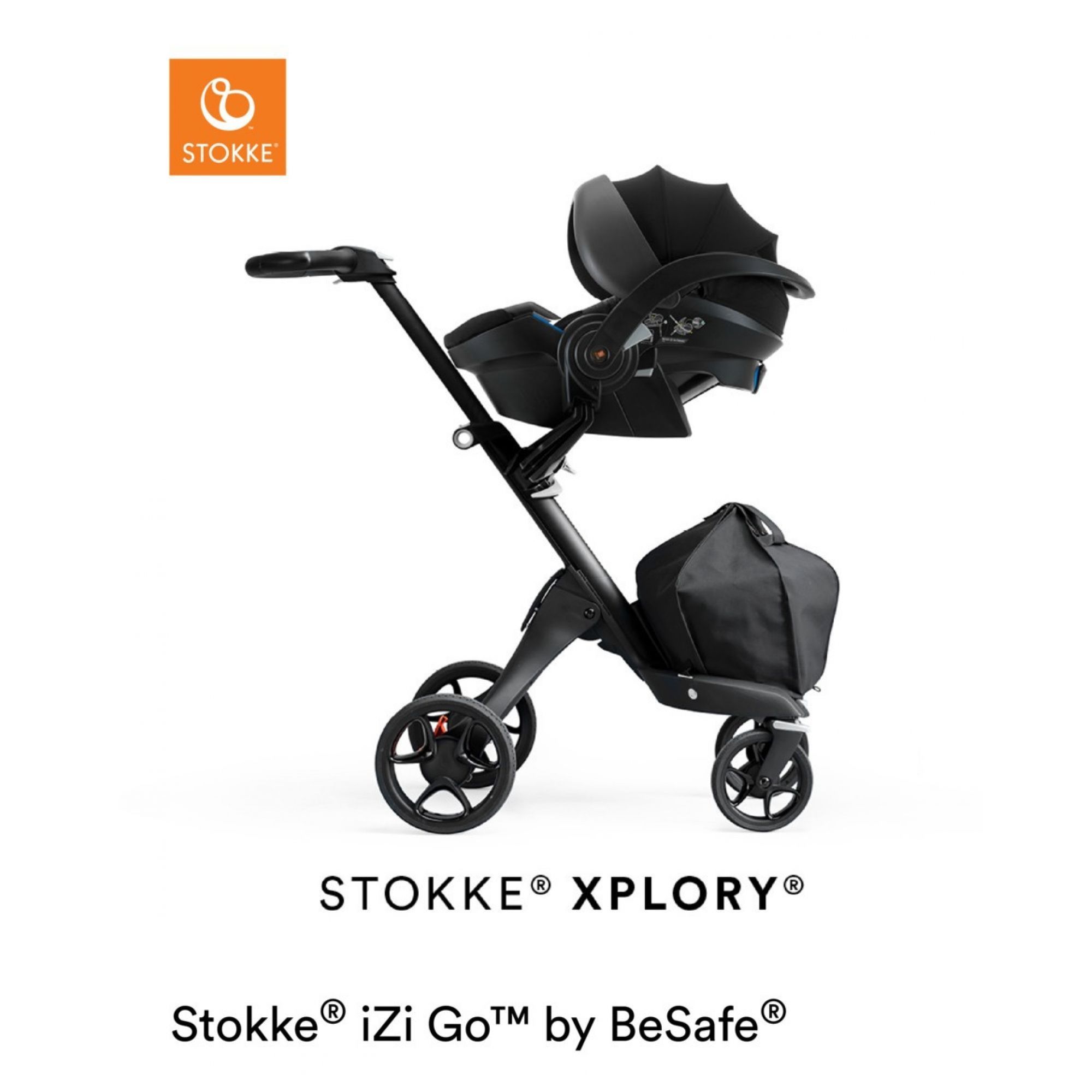 Poussette stokke xplory chassis noir avec cosy et nacelle