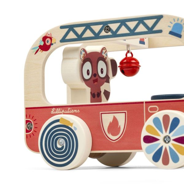 Jouet en bois à tirer Camion de pompier Jack le lion