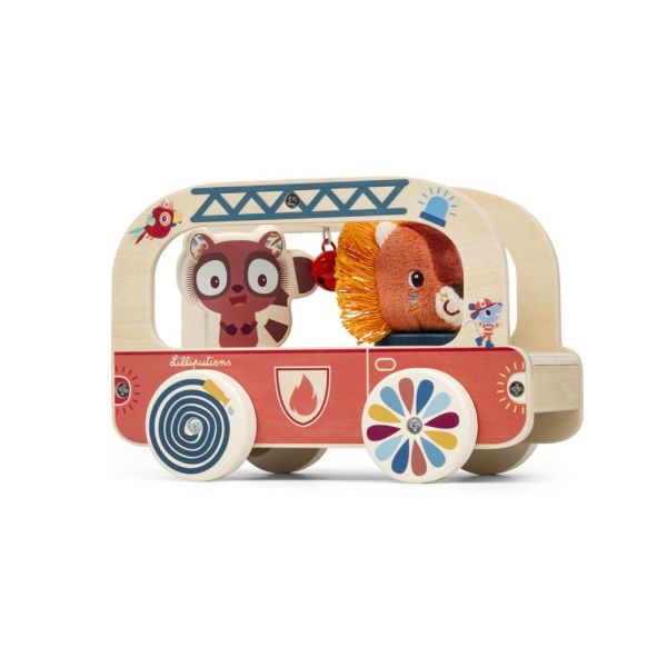 Jouet en bois à tirer Camion de pompier Jack le lion