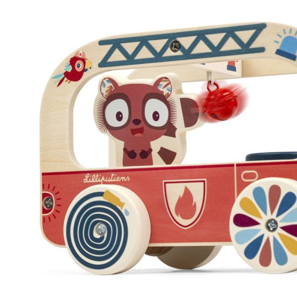 Jouet en bois à tirer Camion de pompier Jack le lion