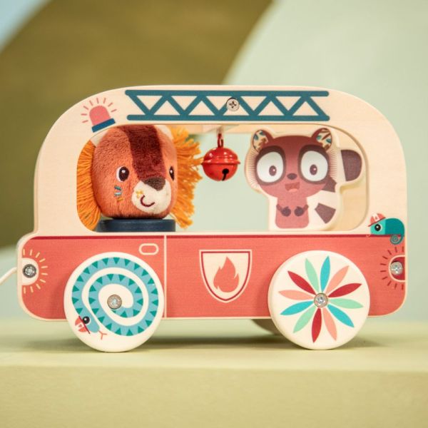 Jouet en bois à tirer Camion de pompier Jack le lion