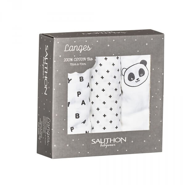 Lot de 3 langes coton bio 70 x 70 Panda Chao Chao