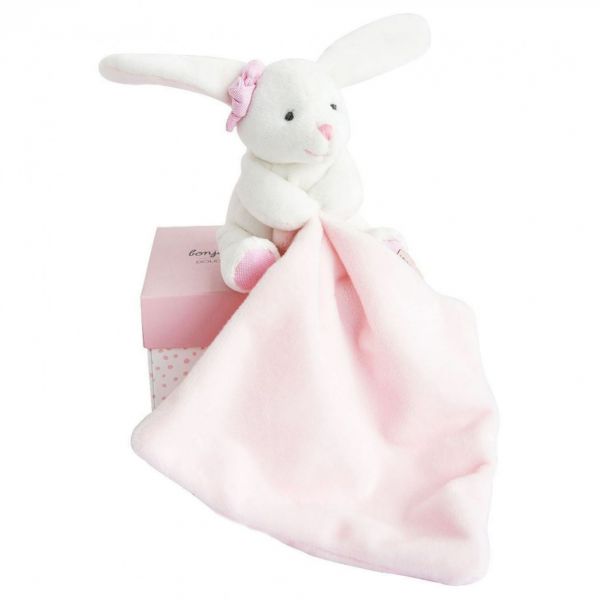 Doudou mouchoir boîte fleur Lapin Rose