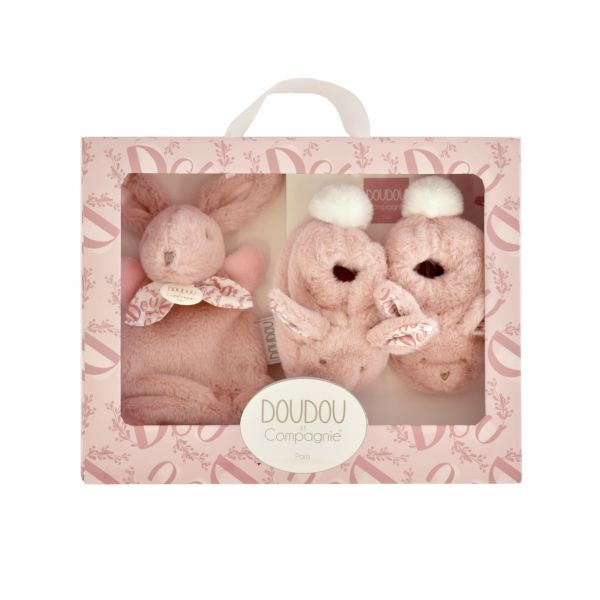 Coffret doudou lapin et chaussons Rose