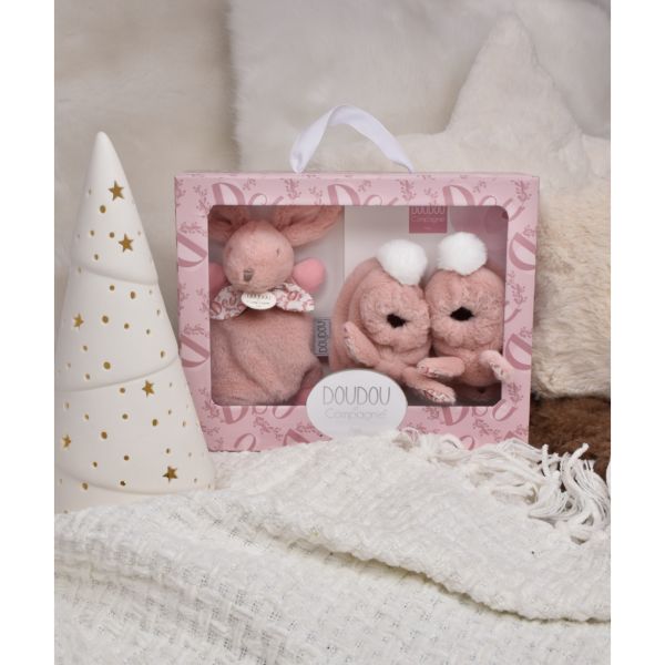 Coffret doudou lapin et chaussons Rose