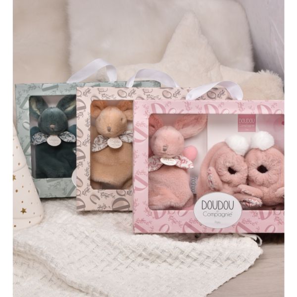 Coffret doudou lapin et chaussons Rose