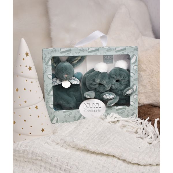 Coffret doudou lapin et chaussons Vert sauge