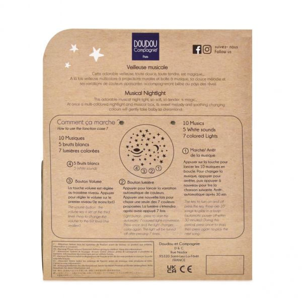 Veilleuse musicale projection d'étoiles Lapin DOUDOU Beige sable