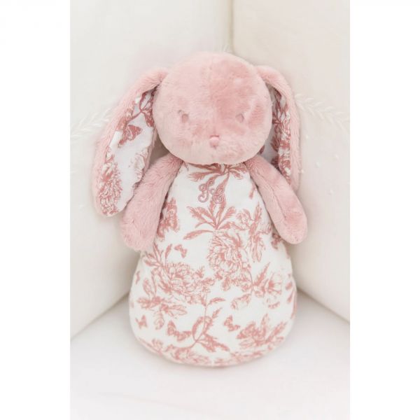 Peluche veilleuse musicale Augustin le lapin Toile de Jouy rose