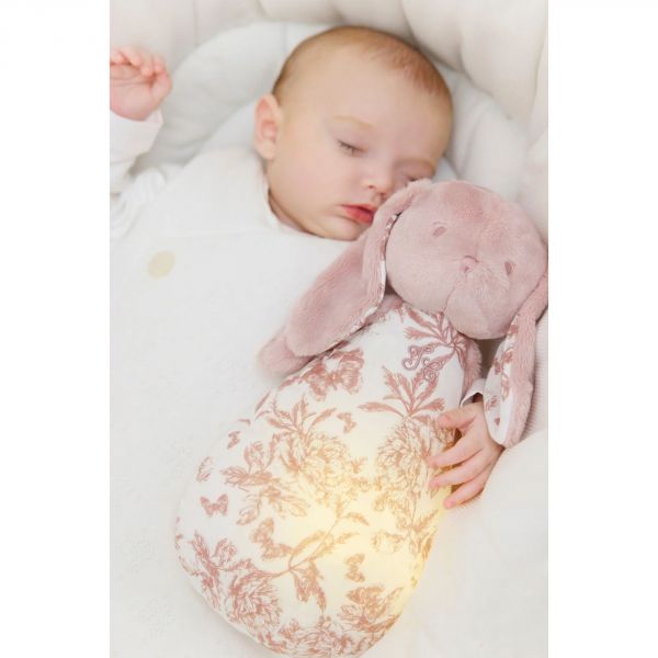 Peluche veilleuse musicale Augustin le lapin Toile de Jouy rose