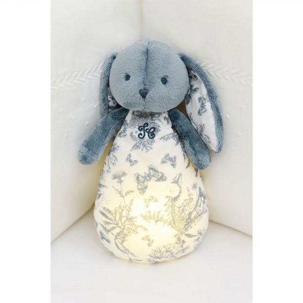 Peluche veilleuse musicale Augustin le lapin Toile de Jouy bleu