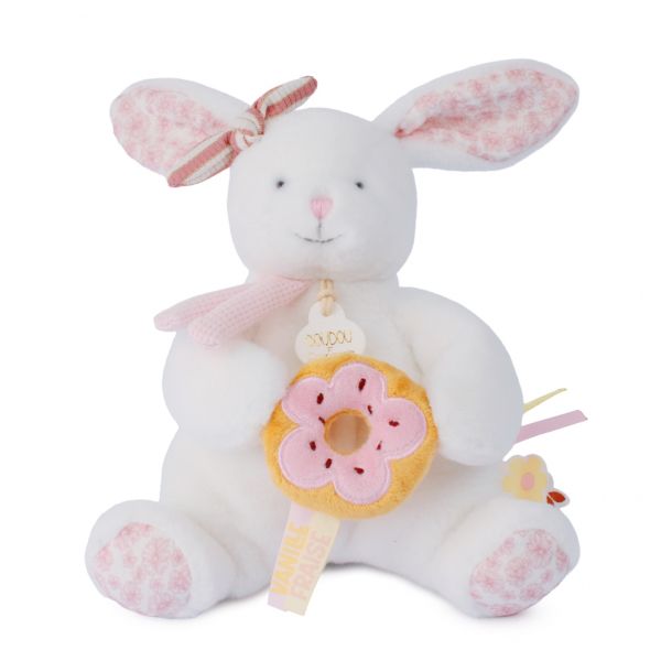 Doudou pantin lapin avec donut 20 cm Vanille fraise