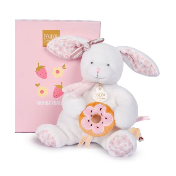 Doudou pantin lapin avec donut 20 cm Vanille fraise
