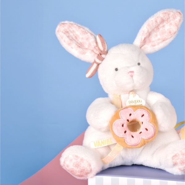 Doudou pantin lapin avec donut 20 cm Vanille fraise
