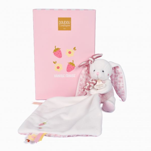 Peluche pantin lapin avec doudou 10 cm Vanille fraise