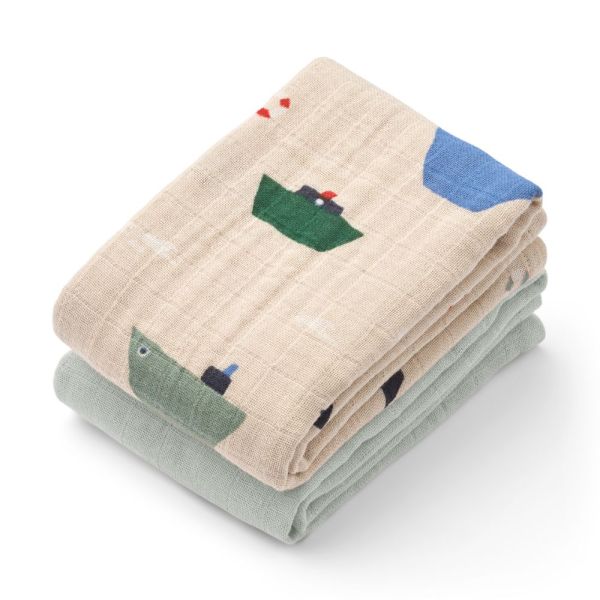 Lot de 2 langes mousseline bébé coton bio Lewis Sailing Dove blue mix