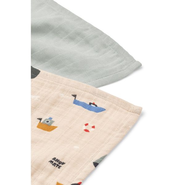 Lot de 2 langes mousseline bébé coton bio Lewis Sailing Dove blue mix