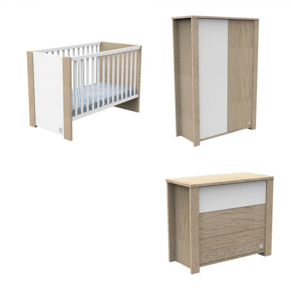 Chambre Trio Lit bébé 60x120 cm + Commode + Armoire Antonin Bois et blanc