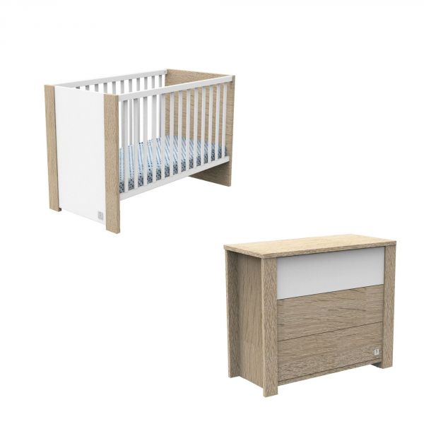 Chambre Duo lit bébé 60x120 cm + Commode Antonin Bois et blanc