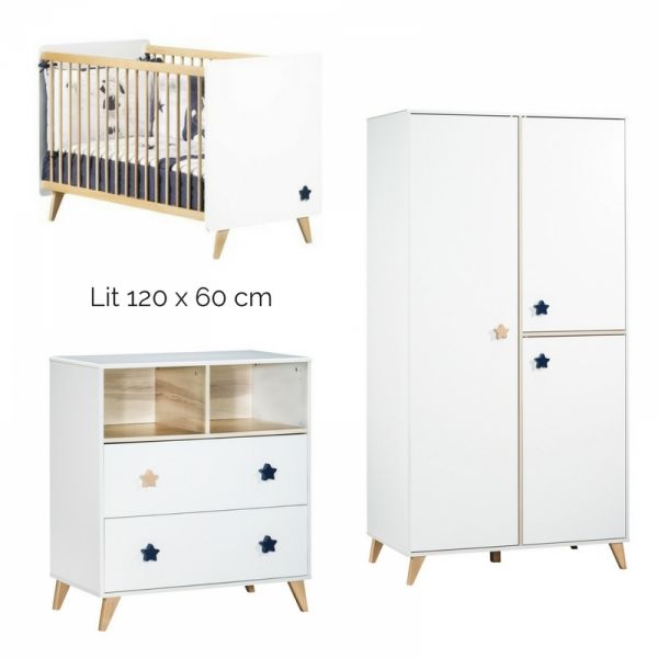 Chambre Trio Lit 60x120 cm + Armoire + Commode Oslo poignée Etoile