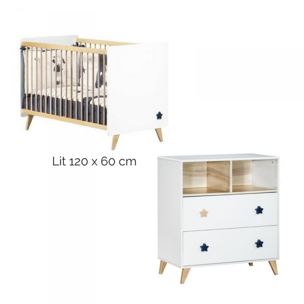 Chambre Duo Lit 60x120 cm + Commode Oslo poignée étoile