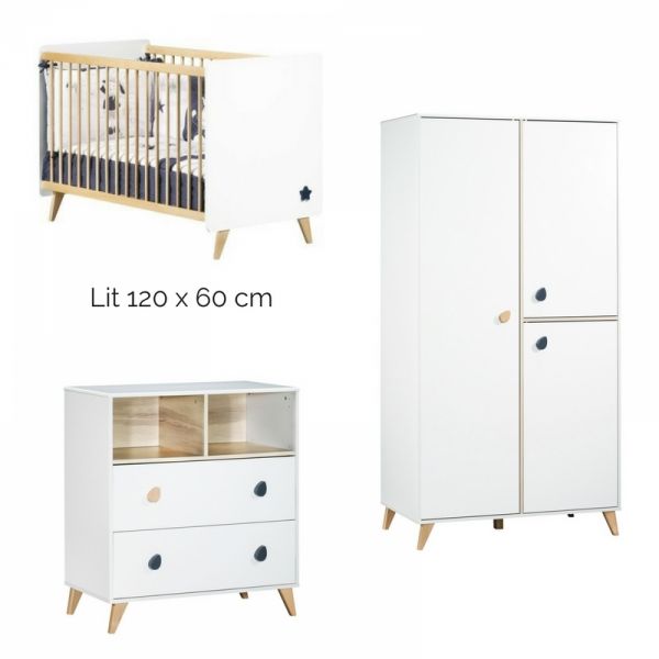 Chambre Trio Lit 60x120 cm + Armoire + Commode Oslo poignée Goutte