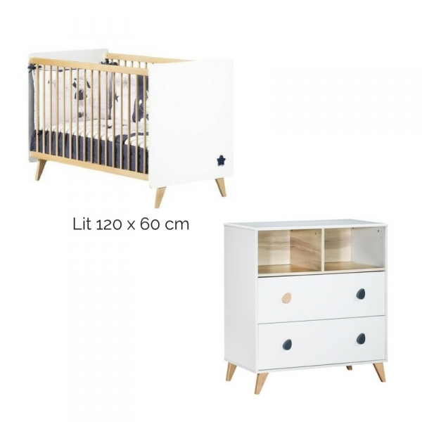 Chambre Duo Lit 60x120 cm + Commode Oslo poignée goutte