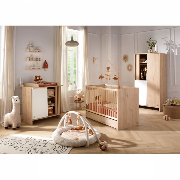 Chambre bébé trio lit 60x120cm (non transformable) + commode + armoire blanche Tokyo