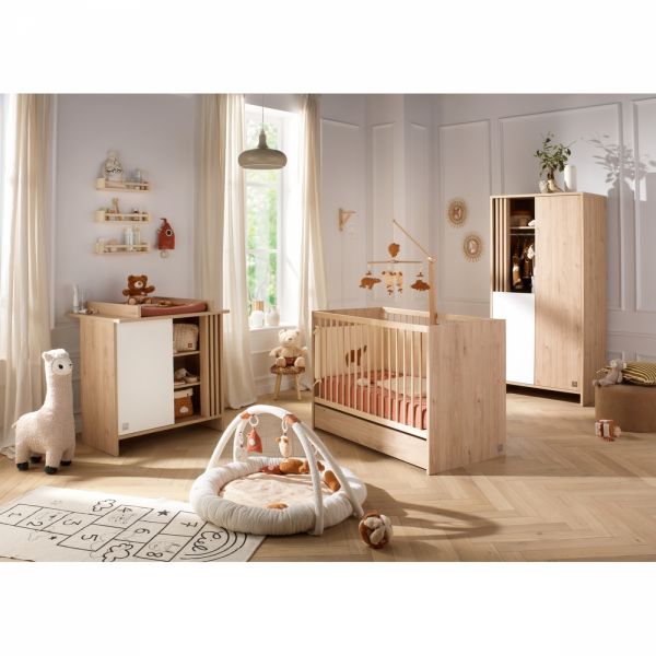 Chambre bébé duo lit 60x120cm (non transformable) + commode blanche Tokyo + Plan à langer offert