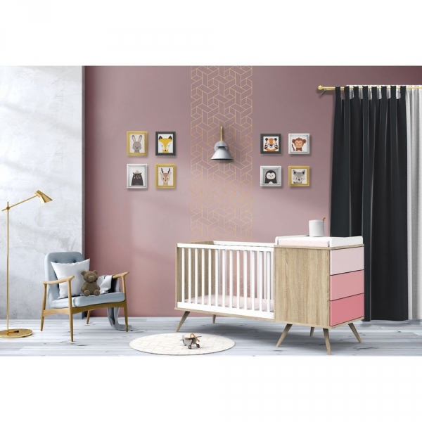 Lit évolutif bébé combiné 60x120 cm en 90x190 cm Seventies Rose