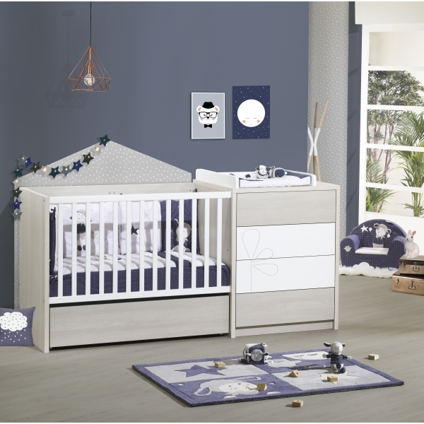 Lit évolutif bébé combiné 60x120 cm en 90x190 cm New Opale avec motif