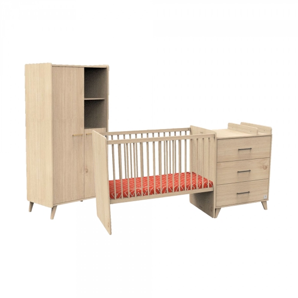 Chambre Duo Lit évolutif bébé combiné 60x120 cm en 90x190 cm + Armoire Arty