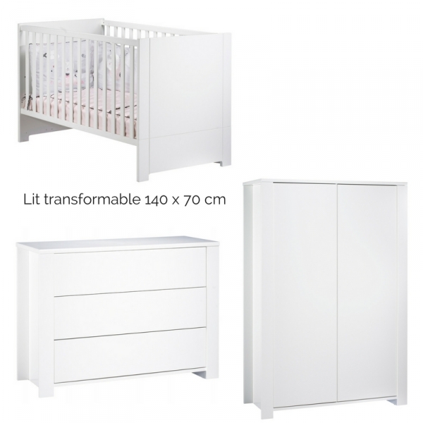 Chambre Trio Lit évolutif bébé Little Big Bed 70x140 cm + Armoire + Commode Loft Blanc