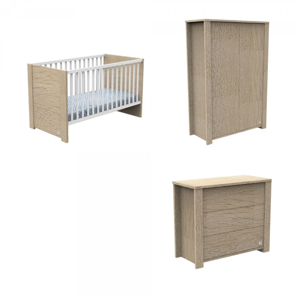 Chambre Trio Lit évolutif bébé Little Big Bed 70x140 cm + Armoire + Commode Antonin Bois