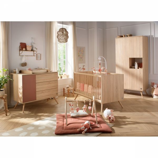 Chambre bébé trio lit little big bed 70x140cm bois + commode + armoire terracotta Seventies