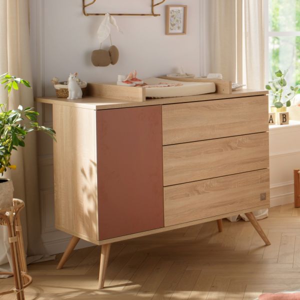 Chambre bébé trio lit little big bed 70x140cm bois + commode + armoire terracotta Seventies