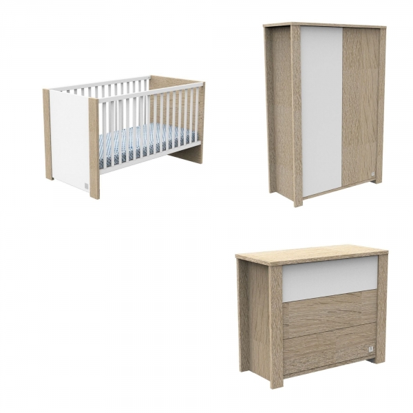 Chambre Trio Lit évolutif bébé Little Big Bed 70x140 cm + Armoire + Commode Antonin Bois et blanc