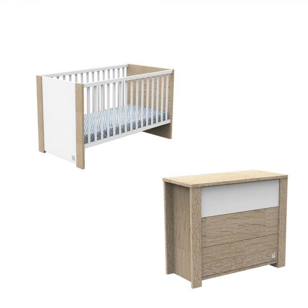 Chambre Duo Lit évolutif bébé Little Big Bed 70x140 cm + Commode Antonin Bois et blanc