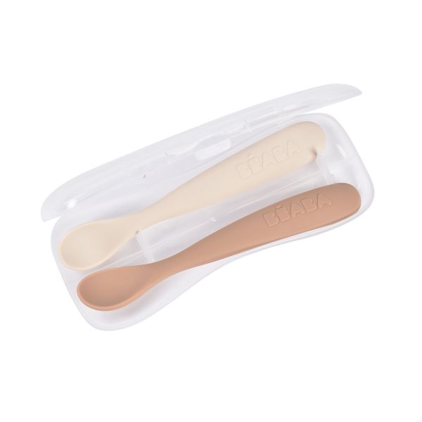 Lot de 2 cuillères silicone 1er âge avec boîte de transport Argile et Pralin