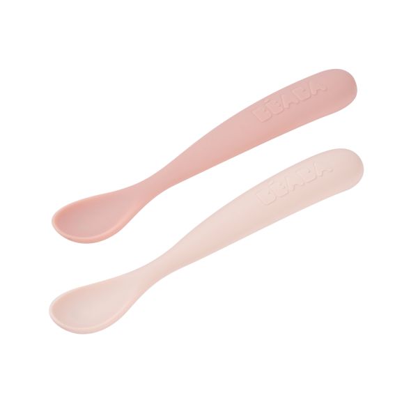 Lot de 2 cuillères silicone 1er âge avec boîte de transport Barbe à papa et Guimauve