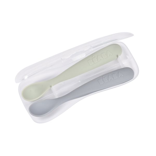 Lot de 2 cuillères silicone 1er âge avec boîte de transport Galet et Vert de gris