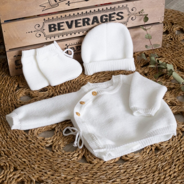 Ensemble naissance bébé brassière, bonnet et chaussons - Blanc