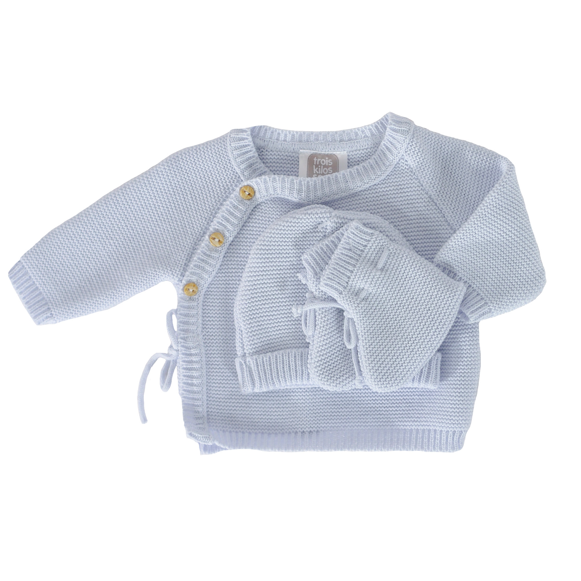 Ensemble bonnet, moufles et chaussons bébé naissance et son sac assorti -  bleu grisé, Bébé