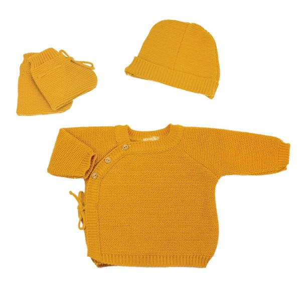 Ensemble naissance bébé brassière, bonnet et chaussons - Moutarde