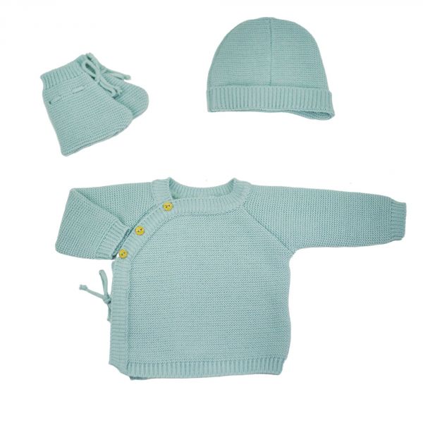 Ensemble naissance bébé brassière, bonnet et chaussons - Vert Sauge