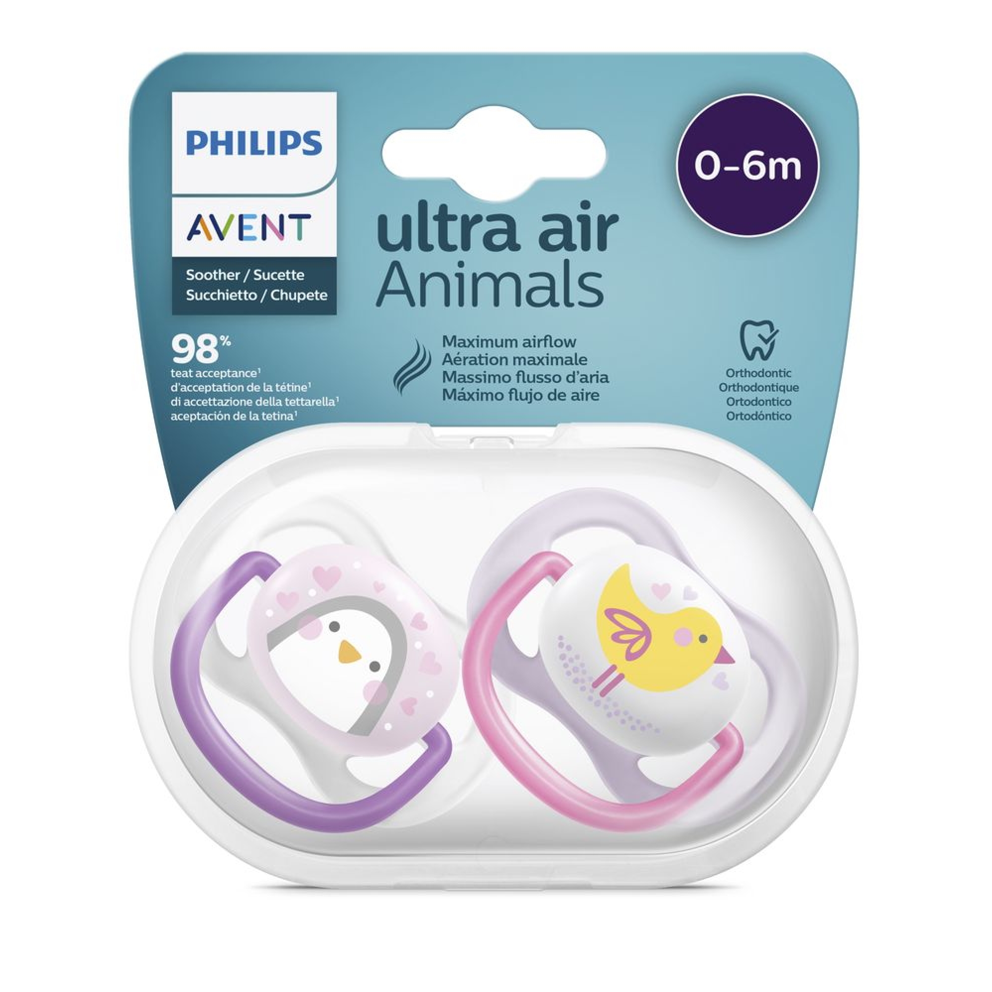 Philips Avent Lot De 2 Sucettes Ultra Aerees Tendance 0 6 Mois Oiseau Et Pingouin Made In Bebe