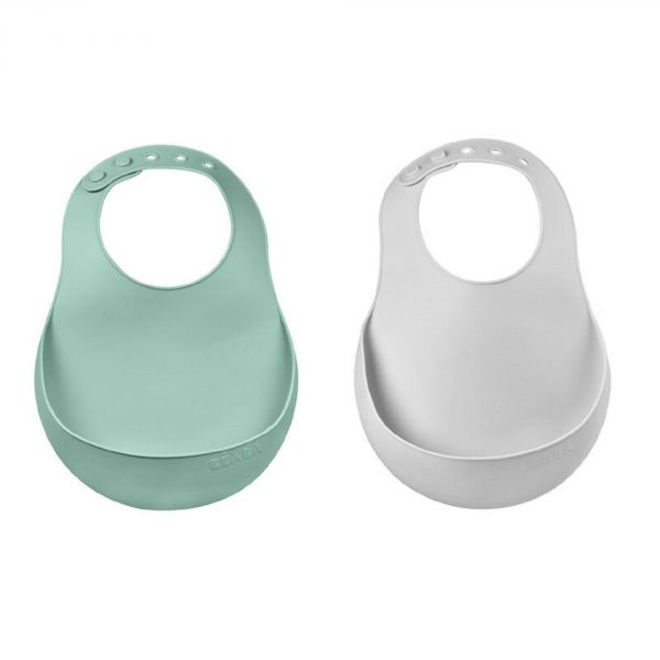 Lot de 2 bavoirs en silicone Light mist et Sage green