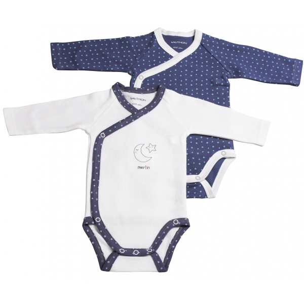 Lot de 2 bodies blanc/bleu 1 mois Merlin