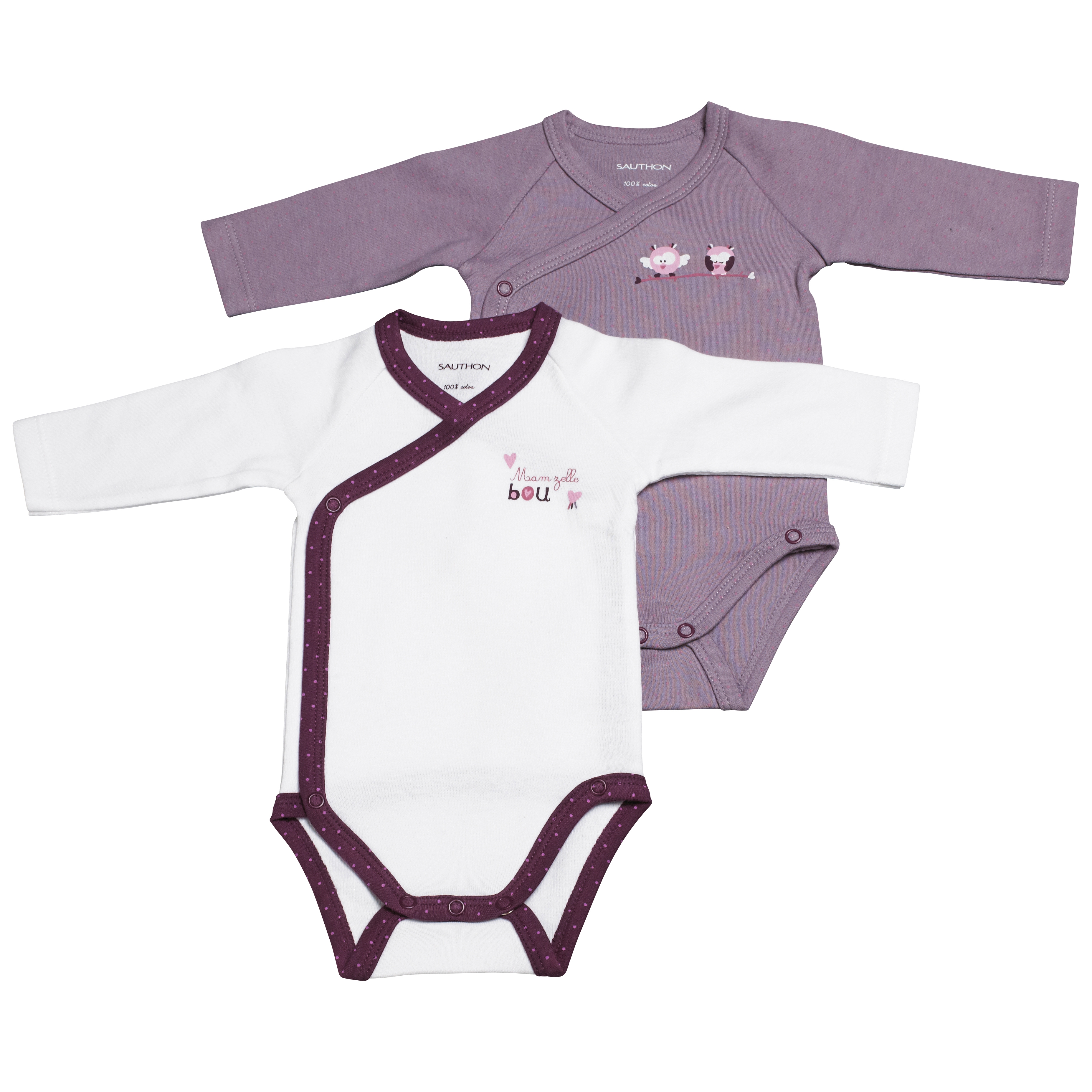 Sauthon Baby Deco Lot De 2 Bodies Blanc Parme 1 Mois Mam Zelle Bou Made In Bebe
