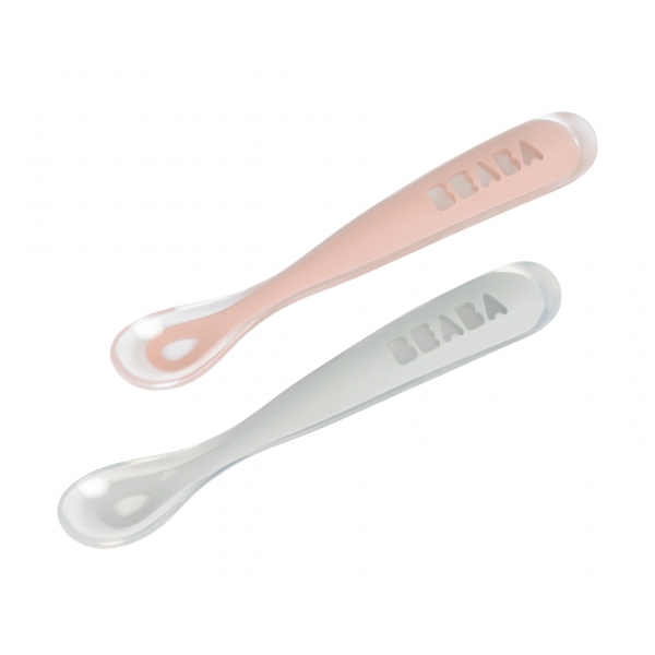 Lot de 2 cuillères 1er âge silicone avec boîte de transport Old pink